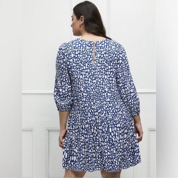 ELOQUll Elements Blue Mosaic Dot Print Tiered Dress 16 - Picture 2 of 9